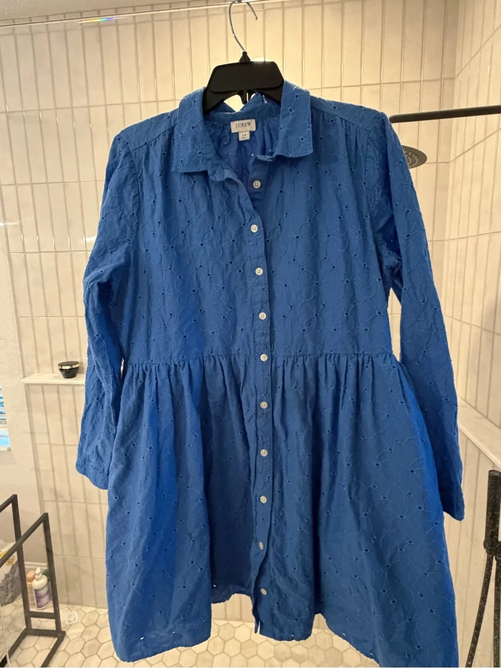 J. Crew Blue Eyelet Button-Front Long Sleeve Dress